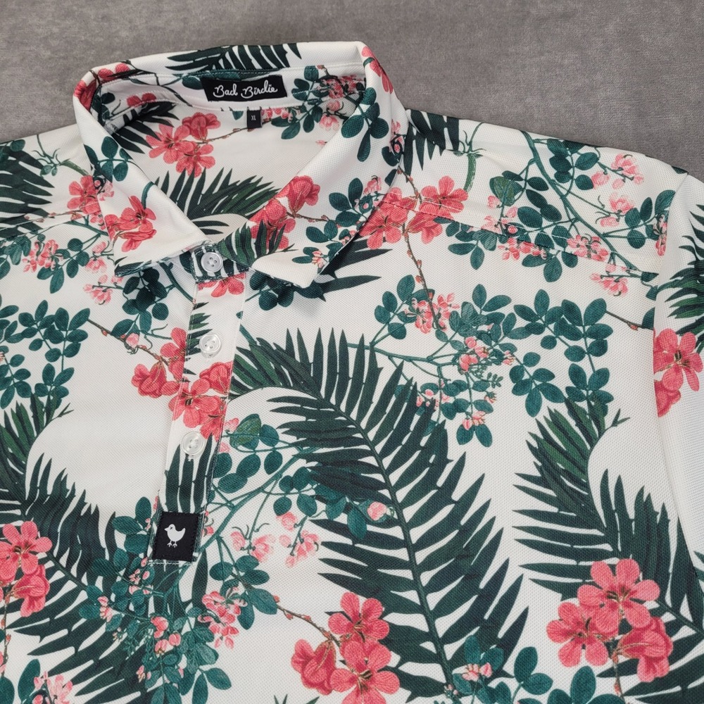Bad Birdie Mens XL Golf Polo Shirt White Floral Tropical Palm Leaf Short Sleeve - Picture 2 of 6